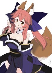 Rule 34 | 10s, 1girl, :q, animal ear fluff, animal ears, bad id, bad pixiv id, bare shoulders, blue bow, blue kimono, blue thighhighs, blush, bow, breasts, brown eyes, cleavage, closed mouth, commentary request, detached sleeves, fate/extra, fate (series), fox ears, fox girl, fox shadow puppet, fox tail, hair between eyes, hair bow, hand up, highres, japanese clothes, kimono, kujou karasuma, large breasts, long hair, long sleeves, looking at viewer, pink hair, sidelocks, signature, simple background, smile, solo, strapless, tail, tamamo (fate), tamamo no mae (fate/extra), thighhighs, tongue, tongue out, twintails, white background, wide sleeves