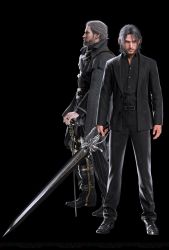 Rule 34 | 10s, 2boys, 3d, beard, black hair, cane, cape, dirty, facial hair, father and son, final fantasy, final fantasy xv, formal, grey hair, highres, looking at viewer, multiple boys, noctis lucis caelum, official art, regis lucis caelum, square enix, suit, sword, weapon