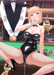 Rule 34 | 1girl, 3boys, alcohol, animal costume, bar stool, bare shoulders, bartender, black bow, black bowtie, black footwear, black leotard, black pants, blonde hair, blush, bob cut, bow, bowtie, breasts, casino, casino card table, chair, checkered floor, cleavage, collared shirt, covering own mouth, croupier, cuff links, cuffs, cup, detached collar, drinking glass, embarrassed, fishnet legwear, fishnets, glass bottle, hands on own face, high heels, highres, holding, holding cup, legs apart, leotard, liquor, mole, multiple boys, original, pants, pee, peeing, peeing self, playboy bunny, rabbit ears, red eyes, shadow, shiny clothes, shirt, short hair, sitting, sitting on table, spots, spread legs, stool, strapless, strapless leotard, sweat, sweatdrop, table, tearing up, tears, tsuttsu, vest, water drop, white shirt, wine glass, wrist cuffs