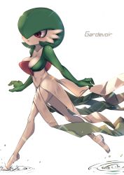Rule 34 | 1girl, between breasts, breasts, character name, cleavage, colored skin, creatures (company), dress, full body, game freak, gardevoir, gen 3 pokemon, green hair, hair over one eye, highres, impossible clothes, kashu (hizake), nintendo, pokedex number, pokemon, pokemon (creature), red eyes, short hair, simple background, solo, walking, water, white background, white skin
