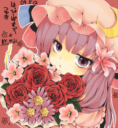 Rule 34 | 1girl, :&lt;, bad id, bad pixiv id, bouquet, dated, eyelashes, female focus, flower, hat, mob cap, niji (nijioki), outline, patchouli knowledge, pink hat, purple eyes, purple hair, rose, solo, touhou, white outline