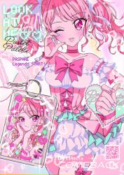 Rule 34 | 1girl, ;o, bang dream!, bare shoulders, blush, bow, choker, dress, earrings, english text, finger heart, fingernails, food, fruit, hair bow, hair ribbon, hands on own cheeks, hands on own face, heart, highres, idol clothes, jewelry, keyring, looking at viewer, maruyama aya, microphone, nail polish, one eye closed, pastel colors, pink bow, pink choker, pink dress, pink eyes, pink hair, pink ribbon, pixelated, qr code, ribbon, sodapop (iemaki), solo, sparkle, strawberry, thighhighs, twintails, white bow, white dress, zettai ryouiki