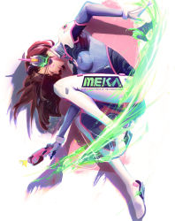 Rule 34 | 1girl, abstract, acronym, animal print, asevc, blue bodysuit, bodysuit, breasts, brown hair, closed eyes, clothes writing, commentary, d.va (overwatch), facepaint, facial mark, finger on trigger, full body, gun, handgun, headphones, high collar, highres, light smile, long hair, medium breasts, overwatch, overwatch 1, pilot suit, pink lips, pistol, rabbit print, ribbed bodysuit, shoulder pads, simple background, sketch, skin tight, solo, swept bangs, weapon, whisker markings, white background
