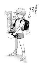 Rule 34 | 1boy, aged down, backpack, bag, bandaid, bandaid on knee, bandaid on leg, blush, buttons, character name, collared shirt, commentary request, double-parted bangs, flower, flower pot, full body, gradient hair, greyscale, hair between eyes, halftone, hatching (texture), highres, holding, holding flower pot, holding plant, linear hatching, looking at viewer, monochrome, multicolored hair, open mouth, partial commentary, plant, polo shirt, potted plant, pouch, project sekai, randoseru, shirt, shoes, short hair, short sleeves, shorts, simple background, single stripe, socks, solo, standing, star (symbol), striped, tenma tsukasa, tokiwa. (tkw8 rt), translated, two-tone footwear, uwabaki