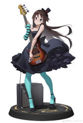 Rule 34 | 1girl, a wu, absurdres, akiyama mio, amplifier, aqua gloves, aqua pantyhose, bare shoulders, bass guitar, black dress, black footwear, black hat, blue eyes, bow, breasts, brown hair, cable, chinese commentary, cleavage, collarbone, commentary request, don&#039;t say &quot;lazy&quot;, dress, dress bow, elbow gloves, facial mark, figure stand, floating hair, frilled dress, frills, full body, gloves, hand up, hat, high heels, highres, holding, holding instrument, instrument, k-on!, legs apart, long hair, looking at viewer, mini hat, mini top hat, pantyhose, simple background, single elbow glove, sleeveless, sleeveless dress, solo, spaghetti strap, striped clothes, striped gloves, top hat, white background