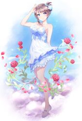 Rule 34 | 1girl, armpit crease, armpit peek, blue eyes, blush, breasts, brown hair, cleavage, dress, flower, highres, looking at viewer, love live!, love live! sunshine!!, rose, salute, shoes, solo, surfing orange, watanabe you