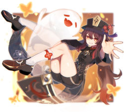 Rule 34 | 1girl, absurdres, black hat, black shorts, border, brown eyes, brown footwear, brown hair, brown shirt, chinese clothes, flower, genshin impact, ghost, grin, hat, hat flower, highres, hu tao (genshin impact), kino (m6t2a), loafers, long hair, long sleeves, plum blossoms, shirt, shoes, short shorts, shorts, smile, socks, solo, white border, white socks