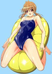 Rule 34 | 1girl, :d, barefoot, blue background, blue one-piece swimsuit, breasts, cameltoe, cleft of venus, covered erect nipples, highres, inflatable raft, innertube, kuroda kazuya, medium breasts, one-piece swimsuit, open mouth, school swimsuit, simple background, smile, solo, swim ring, swimsuit, twintails