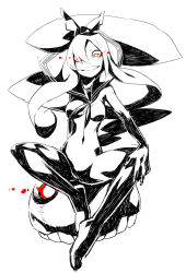 Rule 34 | 10s, 1girl, abyssal ship, armored aircraft carrier princess, breasts, crazy eyes, crazy smile, full body, glowing, glowing eyes, greyscale, groin, hair ribbon, hand on own knee, kantai collection, long hair, looking at viewer, monochrome, navel, neckerchief, nude, ponytail, red eyes, ribbon, sailor collar, simple background, sitting, smile, solo, squemezzo, very long hair, white background