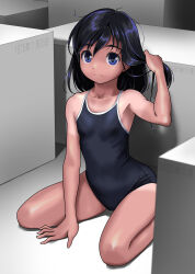 Rule 34 | 1girl, adjusting hair, arm support, arm up, bare shoulders, black hair, black one-piece swimsuit, blue eyes, box, breasts, closed mouth, collarbone, commentary request, competition school swimsuit, highres, holding, holding own hair, kneeling, legs apart, looking at viewer, medium hair, one-piece swimsuit, original, rohitsuka, school swimsuit, small breasts, solo, swimsuit