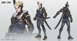Rule 34 | 1boy, absurdres, back, belt, black belt, black eyes, blonde hair, blue jacket, clenched hand, concept art, copyright name, copyright notice, cyborg, english text, full body, genji (overwatch), genos, grey pants, highres, jacket, looking back, looking to the side, male focus, ninja, official alternate costume, official art, one-punch man, overwatch, overwatch 2, pants, sheath, sheathed, sleeveless, smile, solo, sword, upper body, weapon