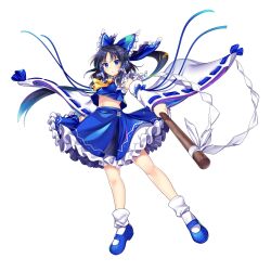 Rule 34 | 1girl, alternate color, ascot, black hair, blue bow, blue eyes, blue footwear, blue shirt, blue skirt, bow, chest sarashi, closed mouth, detached sleeves, frilled skirt, frills, full body, game cg, gohei, hair bow, hair tubes, hakurei reimu, hakurei reimu (god-summoning shaman), highres, holding, looking at viewer, navel, nontraditional miko, ponytail, ribbon-trimmed sleeves, ribbon trim, rotte (1109), sarashi, shide, shirt, sidelocks, simple background, skirt, socks, solo, third-party source, touhou, touhou lostword, white background, white socks, wide sleeves, yellow ascot