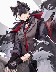 Rule 34 | 1boy, acupofbread, animal, animal ears, black gloves, black hair, commentary, earrings, english commentary, fingerless gloves, genshin impact, gloves, hair over one eye, highres, jewelry, looking at viewer, male focus, necktie, red necktie, scar, short hair, smile, wolf, wriothesley (genshin impact)