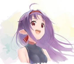 Rule 34 | 1girl, :d, absurdres, ahoge, breasts, cropped torso, floating hair, hair intakes, hairband, highres, long hair, nyanmaru, open mouth, pointy ears, purple hair, red eyes, red hairband, simple background, sleeveless, small breasts, smile, solo, sword art online, upper body, very long hair, white background, yuuki (sao)