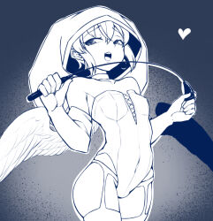 Rule 34 | 1boy, androgynous, angel wings, bare shoulders, bodysuit, bondage outfit, covered navel, dominator (bdsm), doro9363, elbow gloves, elona, feathered wings, gloves, hat, holding, holding riding crop, holding whip, jester cap, kumiromi of harvest, looking at viewer, male focus, medium hair, monochrome, open mouth, riding crop, trap, wings