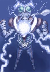 Rule 34 | 1boy, bad id, bad pixiv id, belt, blue theme, compound eyes, electricity, gradient background, horns, kamen rider, kamen rider stronger, kamen rider stronger (series), kuppipi ramutarou, male focus, scarf, single horn, sketch, solo