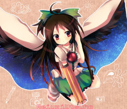 Rule 34 | 1girl, arm cannon, bird wings, black hair, black wings, blouse, blush, bow, breasts, buttons, cape, center frills, collared shirt, control rod, frilled shirt collar, frilled skirt, frills, full body, green bow, green skirt, hair bow, ke-a-ru, kneehighs, long hair, looking to the side, medium breasts, pout, puffy short sleeves, puffy sleeves, red eyes, reiuji utsuho, shirt, short sleeves, skirt, socks, solo, starry sky print, third eye, touhou, v-shaped eyebrows, weapon, white cape, white shirt, wings