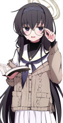 Rule 34 | 1girl, blue archive, blush, book, cardigan, glasses, hair between eyes, hairband, halo, highres, holding, holding book, jewelry, long hair, long sleeves, looking at viewer, open book, open cardigan, open clothes, open mouth, pendant, purple eyes, purple hairband, round eyewear, sailor collar, solo, ui (blue archive), white sailor collar, yun (kbdenz9)