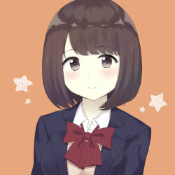 Rule 34 | 1girl, 7 calpis 7, blazer, blue jacket, blush, brown background, brown eyes, brown hair, clip studio paint (medium), closed mouth, collared shirt, commentary request, dress shirt, jacket, looking at viewer, original, sample watermark, school uniform, shirt, short hair, simple background, smile, solo, star (symbol), sweater vest, upper body, watermark, white shirt