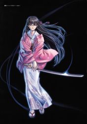 Rule 34 | 00s, 1girl, absurdres, backlighting, black background, black hair, black lagoon, blue eyes, braid, cherry blossoms, crossed arms, dated, floating hair, french braid, full body, glasses, glint, hair ribbon, highres, hiroe rei, holding, holding weapon, japanese clothes, katana, kimono, long hair, long sleeves, looking at viewer, mole, mole under mouth, obi, official art, open clothes, outline, petals, ribbon, rimless eyewear, sandals, sash, scan, shirasaya, solo, standing, sword, tabi, very long hair, washimine yukio, weapon, zouri