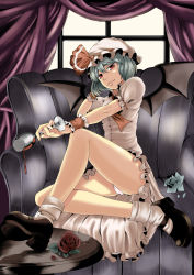 Rule 34 | 1girl, alcohol, alvis (artist), bad id, bad pixiv id, bare legs, bat wings, blue flower, blue rose, chair, couch, cup, curtains, dress, drinking glass, female focus, flower, highres, jaguji (jaguzzi), lips, mary janes, panties, remilia scarlet, rose, shoes, sitting, solo, spilling, touhou, underwear, white panties, window, wine, wine glass, wings, wrist cuffs