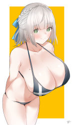 Rule 34 | 1girl, ahoge, arms behind back, bare legs, bikini, black bikini, blush, braid, breasts, c@rbon, cleavage, closed mouth, collarbone, commentary, cowboy shot, crown braid, green eyes, highres, hololive, large breasts, looking at viewer, midriff, mole, mole on breast, navel, orange background, sagging breasts, shirogane noel, short hair, silver hair, simple background, smile, solo, swimsuit, thighs, virtual youtuber