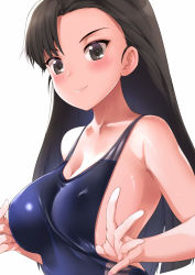 Rule 34 | 1girl, amasora taichi, asymmetrical bangs, bare shoulders, black hair, blue one-piece swimsuit, blush, breasts, cleavage, clothes pull, collarbone, competition swimsuit, covered erect nipples, girls und panzer, grey eyes, highres, large breasts, long hair, nishi kinuyo, one-piece swimsuit, one-piece swimsuit pull, shiny clothes, shiny skin, sideboob, simple background, smile, solo, swimsuit, upper body, white background