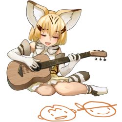 Rule 34 | 10s, 1girl, :d, animal ears, blush, bow, bowtie, cat ears, cat tail, closed eyes, commentary, drawing, elbow gloves, full body, gloves, guitar, instrument, kemono friends, lowres, music, open mouth, playing instrument, sand cat (kemono friends), shirt, short hair, simple background, sitting, sleeveless, sleeveless shirt, smile, solo, striped tail, tail, transparent background, welt (kinsei koutenkyoku), white background, yokozuwari