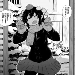 Rule 34 | 1girl, alternate costume, blush, buttons, closed eyes, coat, commentary request, cowboy shot, greyscale, hat, highres, medium bangs, mittens, monochrome, open mouth, pantyhose, pointy ears, pom pom (clothes), scarf, shameimaru aya, short hair, shundou heishirou, skirt, smile, snow, solo, standing, tokin hat, touhou, translation request, tree