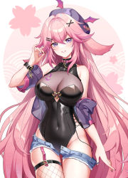Rule 34 | 1girl, alternate costume, animal ears, bare shoulders, black leotard, blue shorts, breasts, choker, cleavage, covered navel, cowboy shot, cropped jacket, cutoffs, denim, denim shorts, fishnet thighhighs, fishnets, fox ears, garter straps, genshin impact, gou lianlian dogface, grin, hair ornament, hairclip, hand up, hat, jacket, large breasts, leotard, long hair, looking at viewer, micro shorts, nail polish, off shoulder, open clothes, open fly, open jacket, pink choker, pink hair, purple eyes, purple jacket, see-through, shorts, single thighhigh, smile, solo, thighhighs, thighs, very long hair, wristband, x hair ornament, yae miko