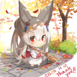 Rule 34 | 1girl, animal ear fluff, animal ears, autumn leaves, bamboo broom, barefoot, blush, broom, chibi, closed mouth, dated, day, fox ears, fox girl, fox tail, full body, grey hair, hair between eyes, hair ornament, holding, holding broom, japanese clothes, kimono, long hair, long sleeves, obi, original, outdoors, patch, ponytail, red eyes, sash, smile, solo, standing, tail, thank you, tree, very long hair, white background, white kimono, wide sleeves, yuuji (yukimimi)