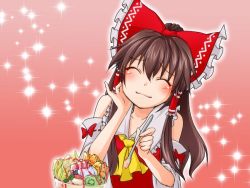 Rule 34 | 1girl, ^ ^, ascot, blush, bow, brown hair, closed eyes, detached sleeves, dress, facing viewer, female focus, food, foodgasm, frilled shirt collar, frills, fruit, hair bow, hair tubes, hakurei reimu, hand on own cheek, hand on own face, happy, head tilt, holding, holding spoon, ice cream, japanese clothes, kiwi (fruit), light smile, long hair, melon, miko, monrooru, orange (fruit), orange slice, pink background, pinky out, popsicle, red dress, ribbon trim, sidelocks, sleeveless, solo, sparkle, spoon, sundae, touhou, upper body, whipped cream