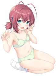 Rule 34 | 1girl, antenna hair, bare arms, bare shoulders, blush, bow, bow bra, bow panties, bra, breasts, brown hair, collarbone, commentary request, fang, full body, green bra, green eyes, green panties, hair between eyes, hair ornament, hairclip, highres, looking at viewer, low twintails, navel, no shoes, open mouth, original, panties, sakuraba hikaru (loveindog), seiza, simple background, sitting, small breasts, socks, solo, twintails, underwear, underwear only, v-shaped eyebrows, white background, white socks