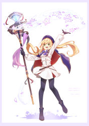 Rule 34 | 1girl, a ching, artoria caster (fate), artoria caster (second ascension) (fate), artoria pendragon (fate), black footwear, blonde hair, boots, bow, capelet, dress, fate/grand order, fate (series), flower, full body, gloves, green eyes, hat, holding, holding staff, long hair, long sleeves, looking at viewer, open mouth, outstretched arm, outstretched hand, pantyhose, petals, simple background, smile, solo, staff, twintails, white background, white dress