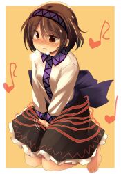 Rule 34 | 1girl, back bow, barefoot, black skirt, blush, bow, breath, brown eyes, brown hair, collared shirt, commentary request, frilled skirt, frills, full body, hairband, heart, highres, implied masturbation, kneeling, long sleeves, motion lines, musical note, nose blush, open mouth, own hands together, purple bow, purple hairband, shirt, short hair, skirt, solo, touhou, tsukumo yatsuhashi, white shirt, yudepii