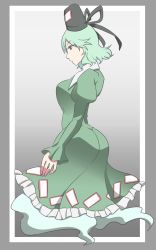 Rule 34 | 1girl, ass, border, breasts, dress, artistic error, expressionless, ghost tail, gradient background, green dress, green eyes, green hair, grey background, hat, highres, juliet sleeves, kae (hyugafire), large breasts, long sleeves, looking down, matching hair/eyes, outside border, profile, puffy sleeves, short hair, soga no tojiko, solo, tate eboshi, thighs, touhou, white border