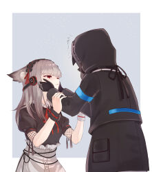 Rule 34 | 1girl, 1other, absurdres, alternate costume, animal ear fluff, animal ears, arknights, black gloves, commentary request, doctor (arknights), fishnet sleeves, fishnets, fox ears, fox girl, frostleaf (arknights), gloves, grey background, grey hair, half-closed eyes, hands on another&#039;s arms, hands on another&#039;s cheeks, hands on another&#039;s face, highres, hood, hood up, hooded coat, long hair, long sleeves, maid, maid headdress, neck ribbon, red eyes, red ribbon, ribbon, suzubotan, two-tone background, upper body, white background, wrist cuffs