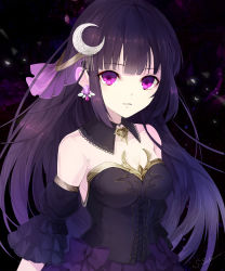 Rule 34 | 1girl, absurdres, artist name, black hair, blunt bangs, breasts, character request, cleavage, copyright request, detached sleeves, earrings, highres, jewelry, locket, long hair, medium breasts, official art, original, pendant, purple eyes, purple hair, sakuma shiki, solo, witch