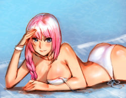 Rule 34 | 1girl, ass, bikini, blue eyes, bow (bhp), braid, breasts, cleavage, huge ass, large breasts, long hair, lying, on stomach, original, pink hair, side-tie bikini bottom, solo, swimsuit, untied, wristband
