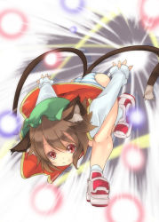 Rule 34 | 1girl, animal ears, bad id, bad pixiv id, brown eyes, brown hair, cat ears, cat girl, cat tail, chen, danmaku, female focus, multiple tails, panties, red eyes, running, short hair, smile, solo, striped clothes, striped panties, tail, toono yayoi, touhou, underwear