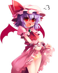 Rule 34 | 1girl, angry, bat wings, blush, clothes lift, dress, dress lift, fang, female focus, fume, hat, panties, purple hair, red eyes, remilia scarlet, shin (new), solo, touhou, underwear, white background, wings, wrist cuffs