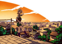 Rule 34 | 1girl, bag, blonde hair, cityscape, female focus, kagamine rin, kneehighs, miniskirt, nature, necktie, one eye closed, outdoors, plant, railing, salute, scenery, shirt, skirt, sky, sleeves rolled up, socks, solo, stairs, torigoe takumi, town, tree, twilight, two-finger salute, vocaloid, wink