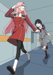 Rule 34 | 10s, 1boy, 1girl, absurdres, bad id, bad twitter id, black hair, black pantyhose, blue eyes, boots, brown footwear, commentary request, couple, darling in the franxx, green eyes, hair ornament, hairband, hamita1220, hetero, highres, hiro (darling in the franxx), holding hands, horns, long hair, long sleeves, looking at another, looking back, military, military uniform, necktie, oni horns, open mouth, orange neckwear, pantyhose, pink hair, red horns, red neckwear, shoes, short hair, socks, sweatdrop, uniform, white footwear, white hairband, zero two (darling in the franxx)