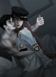 Rule 34 | 1boy, 1girl, alien, black hair, blue eyes, bottomless, breasts, camera, cleavage, couple, dc comics, dick grayson, green eyes, hat, long hair, nightwing, nude, open clothes, open shirt, peaked cap, phone, police, police badge, police uniform, red hair, robin (dc), shirt, sitting, starfire, teen titans, uniform