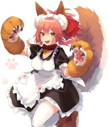 Rule 34 | 1girl, :d, animal ears, animal hands, apron, arm up, bell, black dress, breasts, chorefuji, cleavage, collar, commentary request, dress, fang, fate/grand order, fate (series), frilled dress, frills, hair between eyes, hand up, long hair, looking at viewer, maid, maid apron, maid headdress, neck bell, open mouth, paw print, pink hair, red collar, simple background, smile, solo, tail, tamamo (fate), tamamo cat (fate), tamamo cat (second ascension) (fate), thighhighs, white background, white thighhighs
