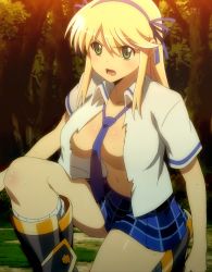 Rule 34 | 10s, 1girl, angry, blonde hair, boots, breasts, green eyes, highres, katsuragi (senran kagura), large breasts, long hair, miniskirt, open clothes, open mouth, open shirt, screencap, senran kagura, shirt, skirt, solo, torn clothes, white shirt