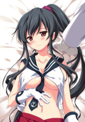 Rule 34 | 10s, 1boy, 1girl, admiral (kancolle), black hair, blush, breasts, gloves, hand on own stomach, kantai collection, large breasts, long hair, looking at viewer, lying, navel, necktie, odawara hakone, on back, personification, ponytail, red eyes, school uniform, serafuku, solo focus, white gloves, yahagi (kancolle)