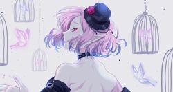 Rule 34 | absurdres, bad id, bad twitter id, bakku (fspz4427), bare shoulders, choker, elf, flower, from behind, hat, hat flower, highres, looking at viewer, lucid (maplestory), maplestory, mini hat, mini top hat, pink eyes, pink hair, pointy ears, red flower, red rose, rose, solo, top hat