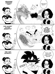 Rule 34 | 1boy, 2girls, absurdres, bar censor, bracelet, breast lift, breasts, burrito, censored, chi-chi (dragon ball), comic, commentary, constricted pupils, dragon, dragon ball, dragonball z, earrings, english commentary, english text, frown, funsexydb, greyscale, hair bun, highres, identity censor, index finger raised, jewelry, large breasts, low twintails, monochrome, mosaic censoring, multiple girls, muscular, muscular male, neckerchief, open mouth, raised eyebrow, single hair bun, son goku, super saiyan, super saiyan 1, twintails, videl