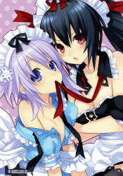 Rule 34 | 2girls, absurdres, alternate costume, apron, bare shoulders, black hair, black legwear, blush, breast hold, breasts, choujigen game neptune, cleavage, enmaided, hair ornament, highres, long hair, looking at viewer, maid, maid headdress, medium breasts, mouth hold, multiple girls, neptune (neptunia), neptune (series), noire (neptunia), off shoulder, official art, open clothes, open mouth, polka dot, polka dot background, purple eyes, purple hair, red eyes, ribbon, ribbon in mouth, short hair, thighhighs, tsunako, twintails